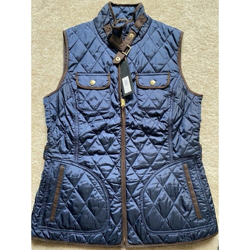 Banana Republic Quilted Vest Women’s Medium Navy Blue Brown Trim Zip Front - Picture 1 of 6